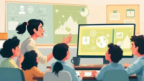 Human teacher guiding students with ai computer collaborative classroom