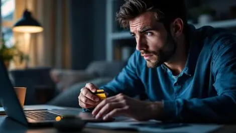 Worried online shopper laptop shadowy hand credit card fraud uk ecommerce