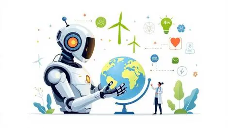 Robot scientist examining globe with green energy and medical icons tech collaboration