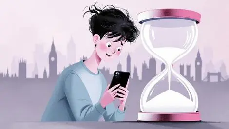 British teenager holding smartphone large hourglass uk landmarks screen time