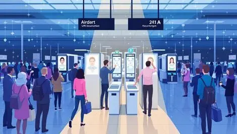 Busy uk airport security checkpoint facial recognition gates speed convenience digital pattern privacy