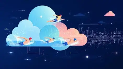 Aquatic athletes swimming diving abstract clouds digital data technology sports