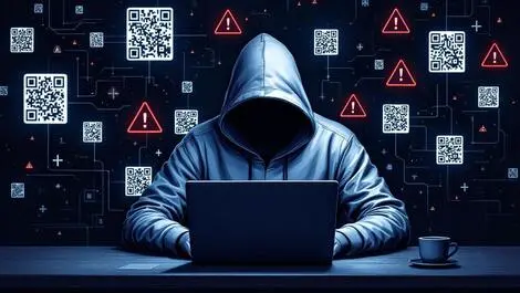 Hooded figure dark room laptop floating qr codes warning ai cyber attacks