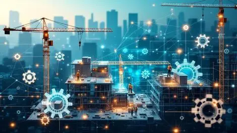 Construction site cranes workers ai integration gears network lines illustration