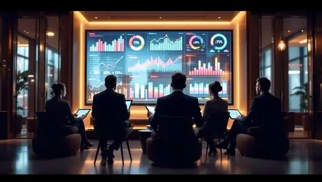 Modern hotel lobby digital data charts business analytics hospitality