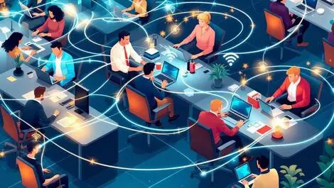 Modern open plan office people working laptops tablets wireless connections