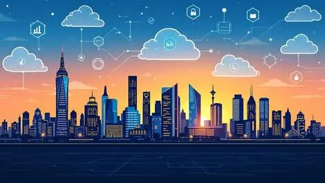 Melbourne city skyline cloud icons digital infrastructure technology integration