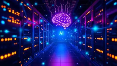 Illustration server room glowing network cables ai brain intelligent automation