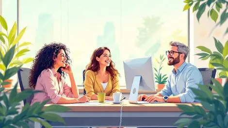 Relaxed australian office employees smiling enjoying sunlit work life balance