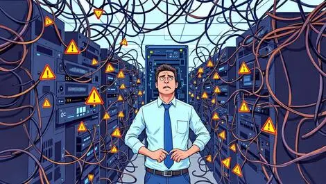 Worried uk government it professional surrounded by complex servers and cables