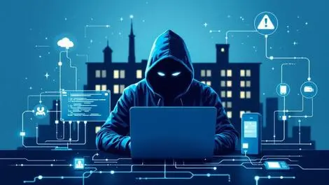 Cyberattack on healthcare it systems hooded figure computer dark hospital