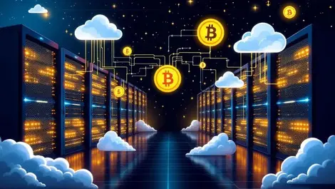 Modern data center glowing server racks cloud icons digital currency symbols