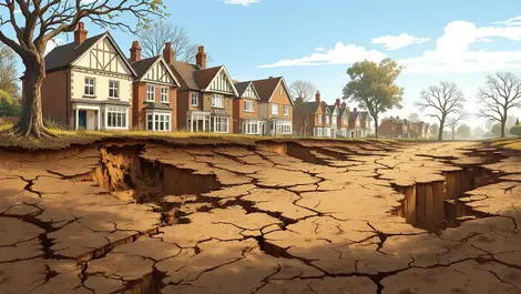 Cracked earth traditional british homes foundation damage withered trees hot sky