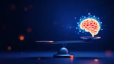 Digital scale balancing secure contract and glowing ai brain harmony