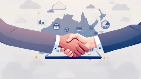 Business professionals handshake digital tablet charts australia nz map cloud supply chain