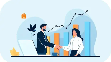 Businesspeople shaking hands laptop rising bar chart successful software deals