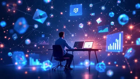 Digital illustration marketer desk floating glowing data streams quantum computing networks analytics