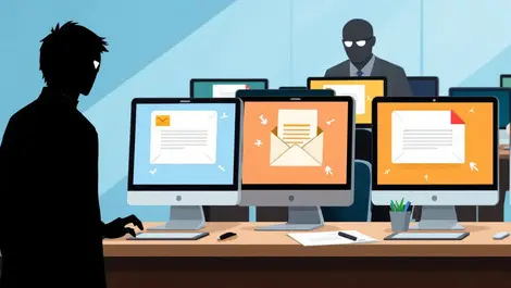 Office employees clicking suspicious emails shadow figure watching security error