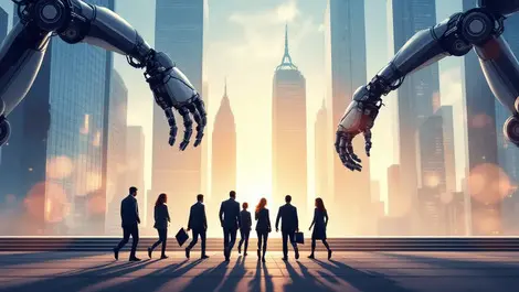 Professionals walking away from office buildings with ai robotic arm shadows