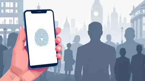 Smartphone fingerprint face id hand uk urban architecture shadowy public
