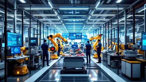 Advanced australian factory floor modern automation robotic arms workers digital monitors