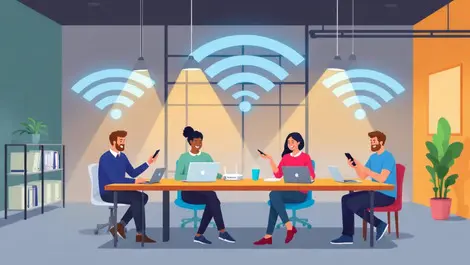 Illustration office space wireless routers happy employees laptops smartphones enhanced connectivity small business