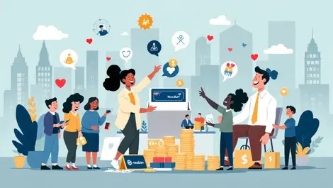 New zealand office workers donating money to digital wallet charity icons cityscape