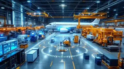 Modern aerospace factory floor aircraft parts machinery wireless tech