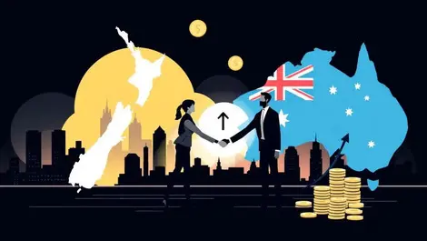 Businesspeople shaking hands nz australia skyline coins upward arrow investment expansion
