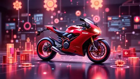 High tech ducati motorcycle digital 3d models gears interconnected data symbols modern research lab