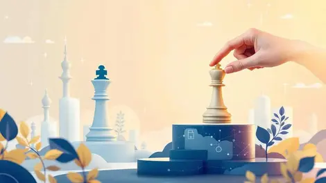 Hand moving chess piece to podium digital landscape leadership technology