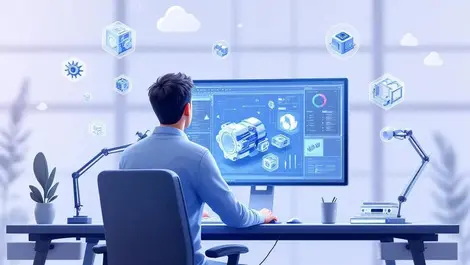 3d engineer designing mechanical assembly with cloud cad ui scene