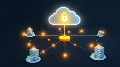 Simplified network diagram branch offices connected to central secure cloud