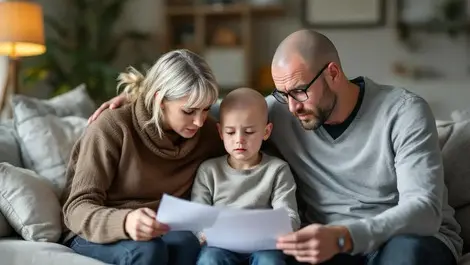Worried family in new zealand home supporting young bald boy cancer treatment