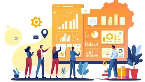 Estate management professionals collaborating digital charts data visualizations modern office