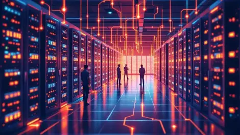 Modern data center servers glowing data streams engineers high tech security