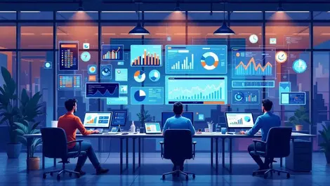 It professionals working at computers with digital charts insurance pricing technology modern office