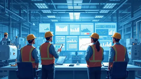 Modern factory interior managers analyzing digital dashboards production data