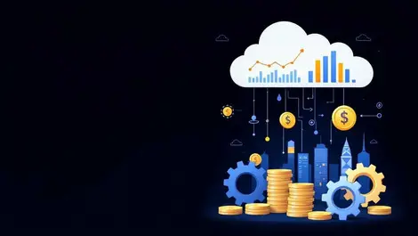 Cloud cost management optimization financial charts golden coins gears singapore skyline