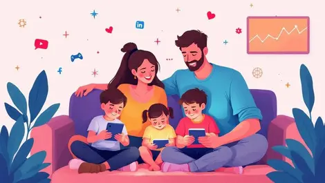 Australian family engaged with smartphones tablets laptops digital icons online activity