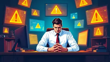 Stressed business executive at desk with glowing computer screens warning symbols cybersecurity threats