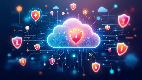 Cloud security threat analysis data streams shield icons magnifying glasses
