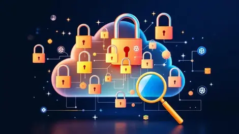 Digital cloud interconnected padlocks magnifying glasses security audit kubernetes