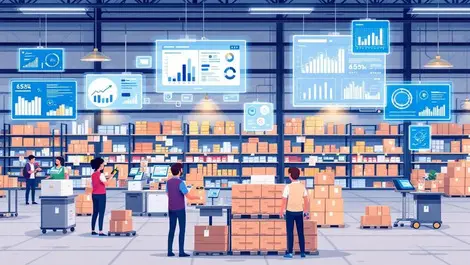 Retail store warehouse shelves products digital screens analytics employees scanning stock management pricing