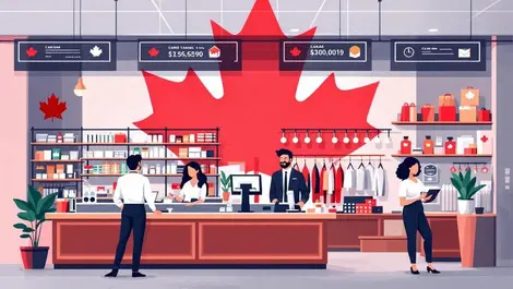 Canadian small business store cashier pos office workers digital devices maple leaf