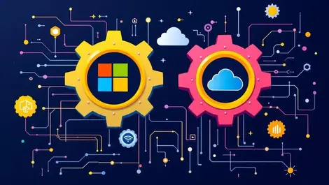 Interconnected gears microsoft logo cloud software digital circuit ai integration