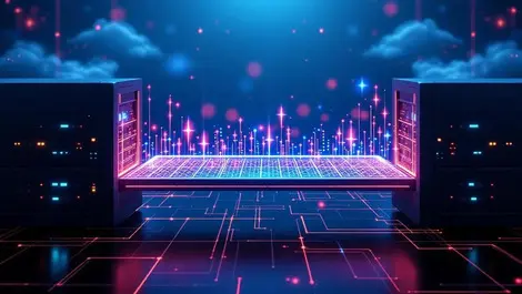 Realistic data flow digital bridge between modern server racks fast efficient data migration