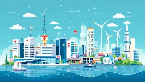 Modern cityscape hospitals data centers automation green energy innovation