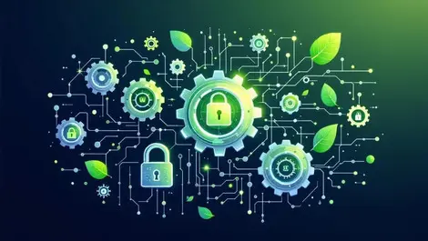 Artificial intelligence interconnected gears secure digital locks green energy leaves circuitry symbolizing efficient secure ai