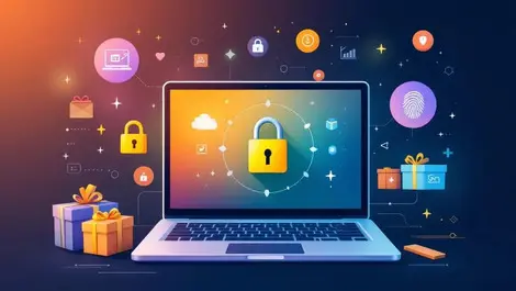 Realistic laptop with locked padlock online shopping icons gift boxes digital security